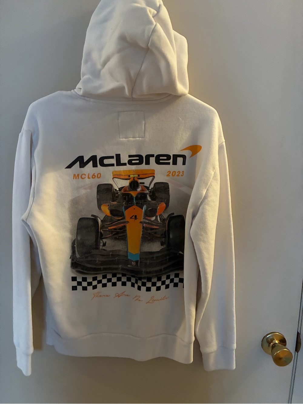 Hollister White McLaren Graphic Hoodie with Orange and Blue Accents